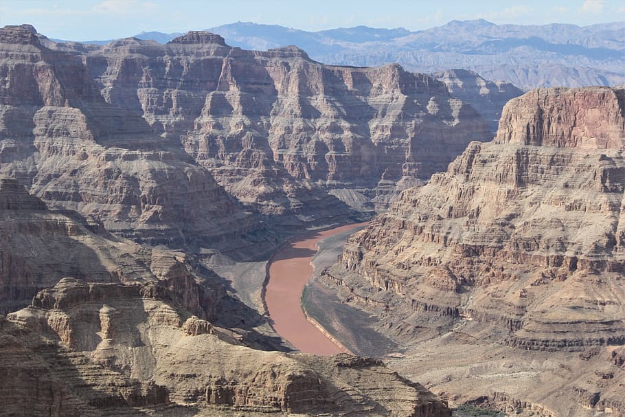 Grand Canyon, sungai, coklat, air, dalam, pemandangan, ngarai, alam, perjalanan, erosi