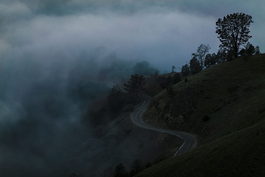 landscape, nature, mountain, highland, valley, road, street, trees, plants, smoke