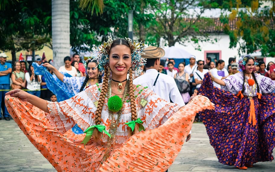 woman, holding, orange, skirt, happy, dance, costa rica, honduras, celebration, women