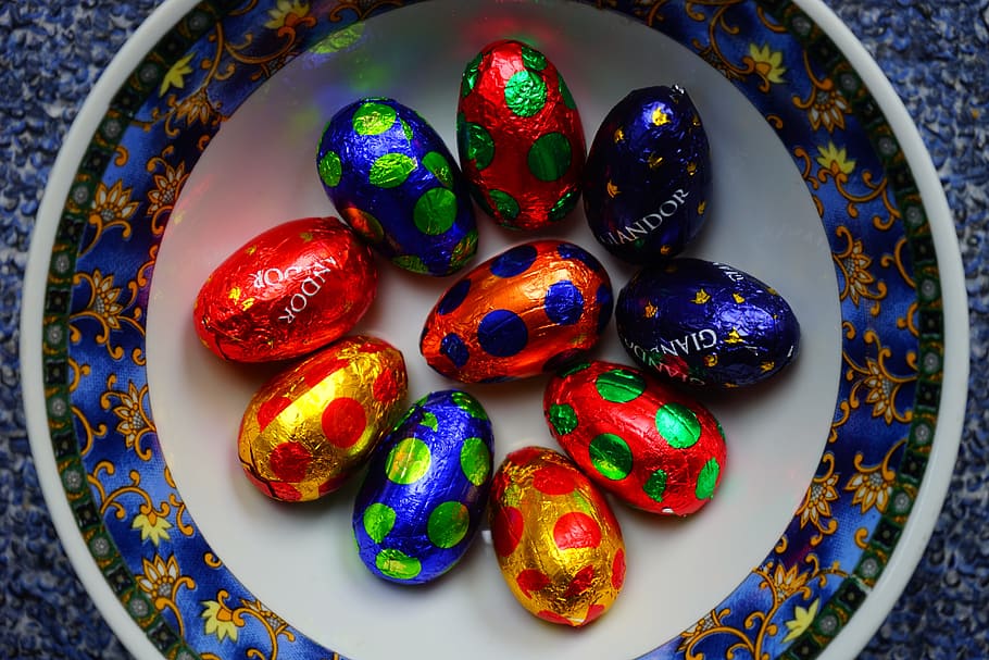 easter, easter eggs, colorful, color, chocolate eggs, multi colored, indoors, close-up, still life, table