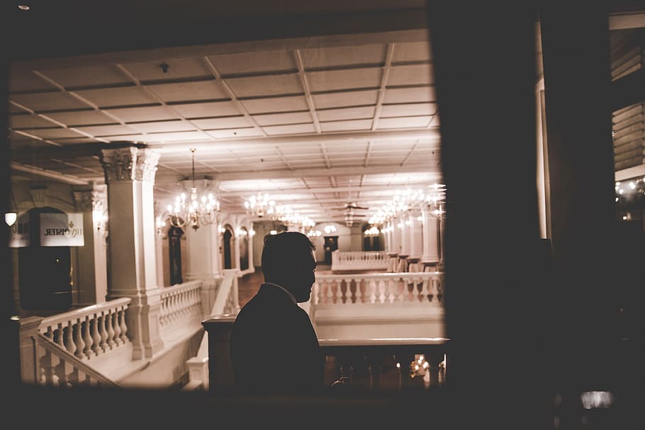 silhouette, stairs, house, man, guy, terrace, post, chandeliers, lights, real people