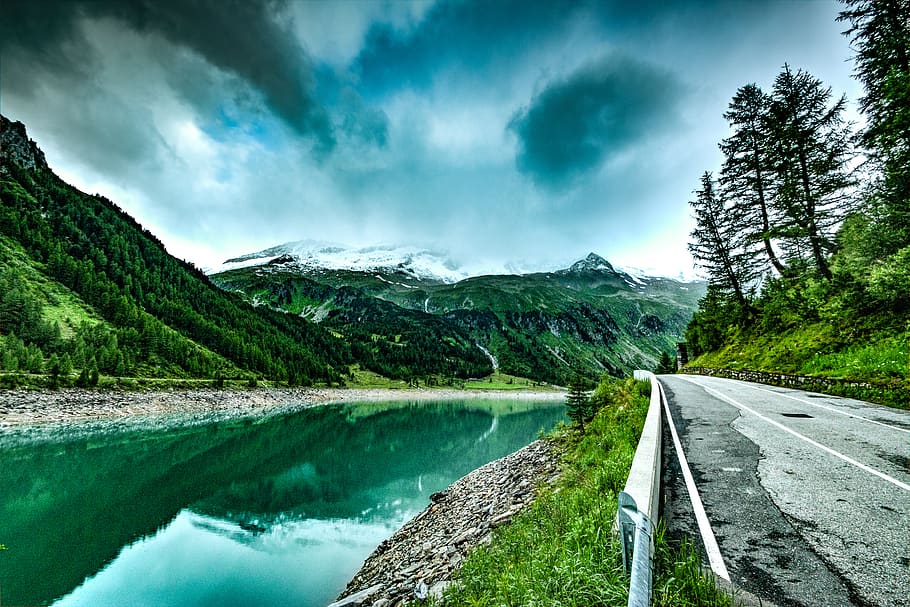 lake, water, mountains, landscape, nature, blue, sky, clouds, hdr, wallpaper