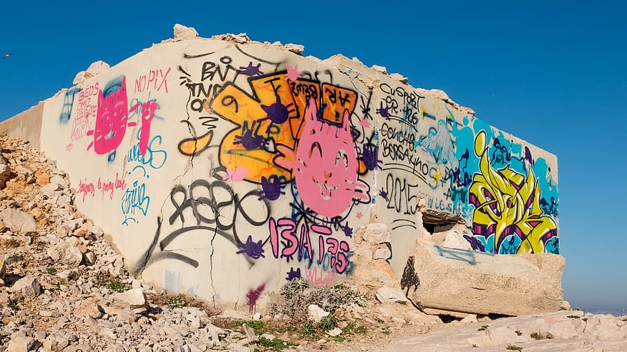 Marsella, Bunker, Calanque, Graffiti, etiqueta, multicolor, desierto, sin gente, clima árido, cielo