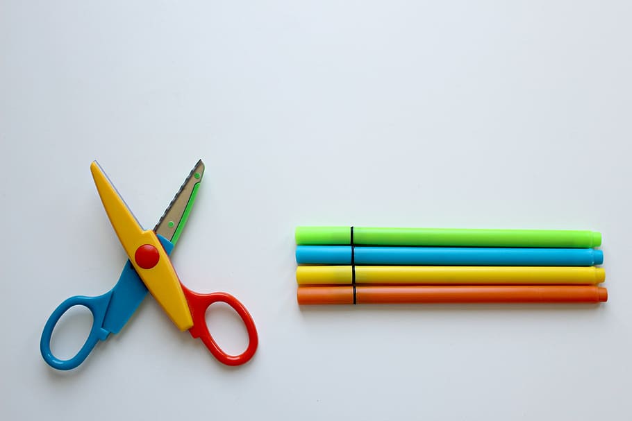 closeup, multicolored, scissors, pens, white, surface, colour pencils, crayons, color, tinker
