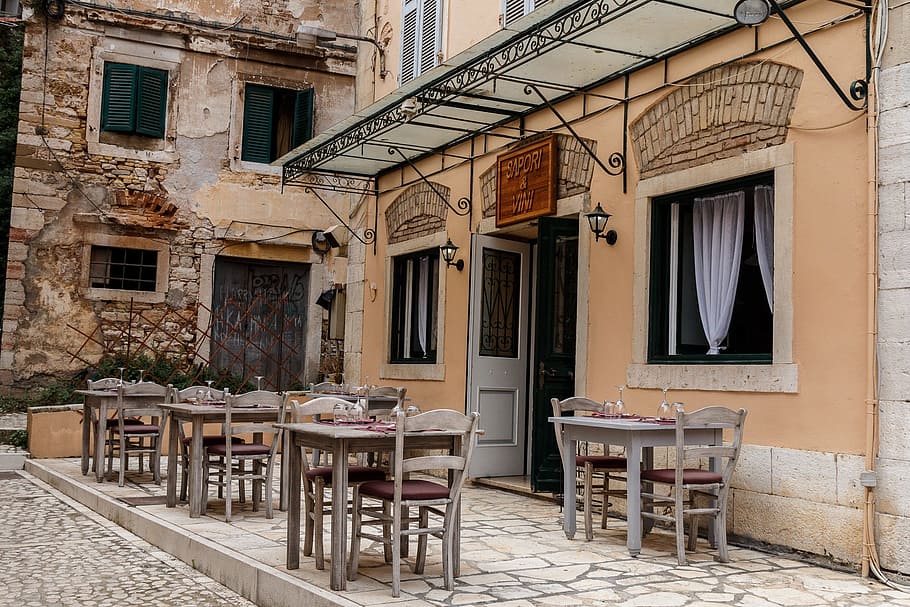 brown, table, chair sets, building, Vacation, Travel, Corfu, restaurante, nopeople, town