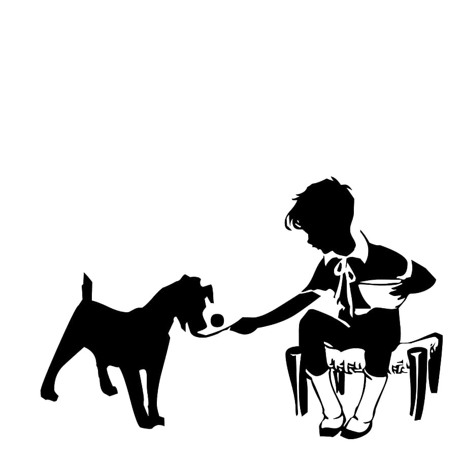 boy, holding, bowl, sitting, chair, dog logo, silhouette, vintage, dog, feed