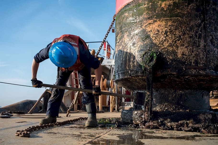 construction worker, working, machine, daytime, buoy, barnacles, cleaning, marine life, maritime, work