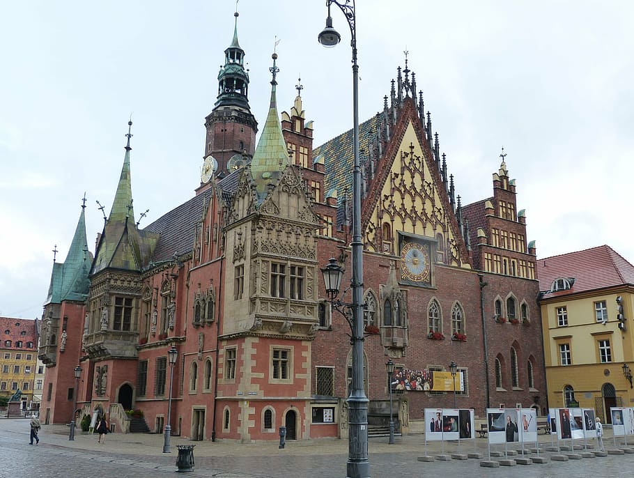balai kota, wroclaw, polandia, silesia, fasad, monumen, gable, stadtmitte, pusat kota, kota tua bersejarah