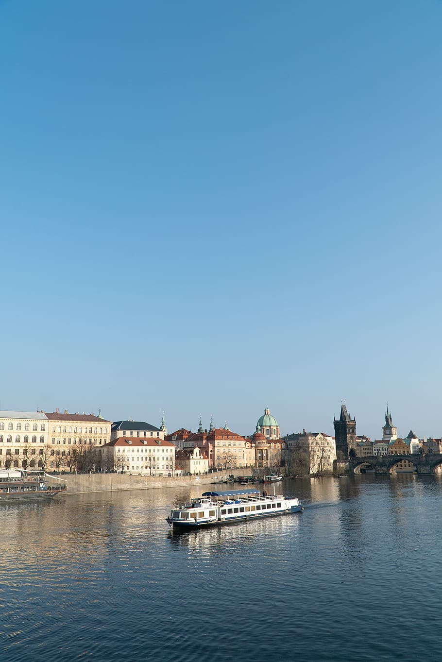 prague, river, vltava, republic, czech, ferry, sky, architecture, building exterior, water