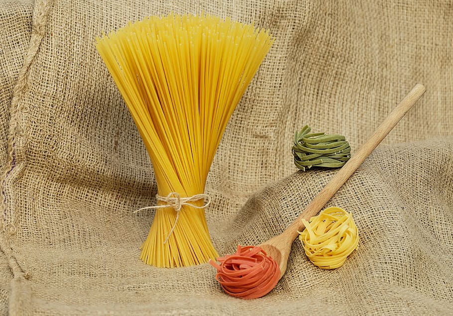 assorted-color pasta, brown, wooden, ladle, noodles, pasta, yellow, colorful, raw, food