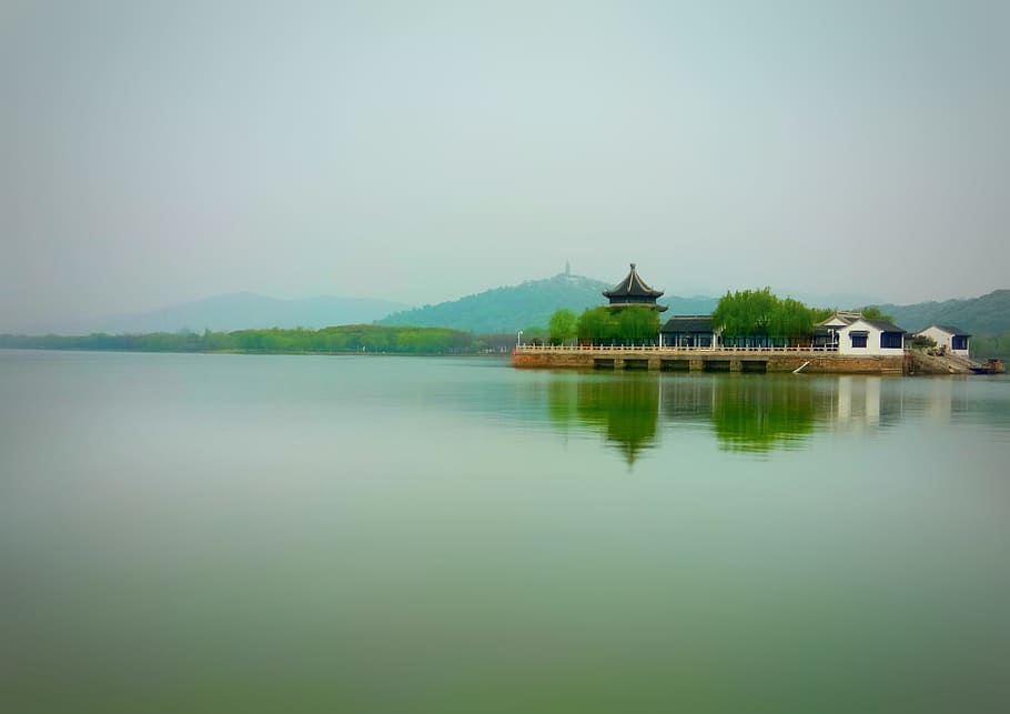湖, 風景, アジア, 水, 反射, 自然, 建築, 文化, 中国-東アジア, 空