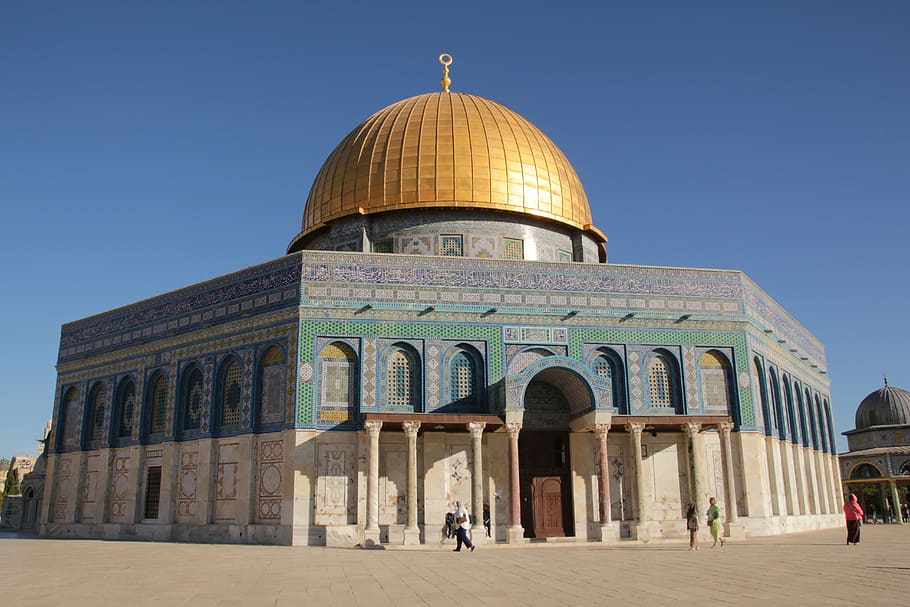 gold dome building, dome of the rock, mosque, islam, jerusalem, israel, temple mount, arabic, building, religion