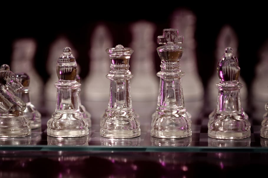 clear, glass chess game, set, ], chess, chess board, chess pieces, strategy, chess piece, play