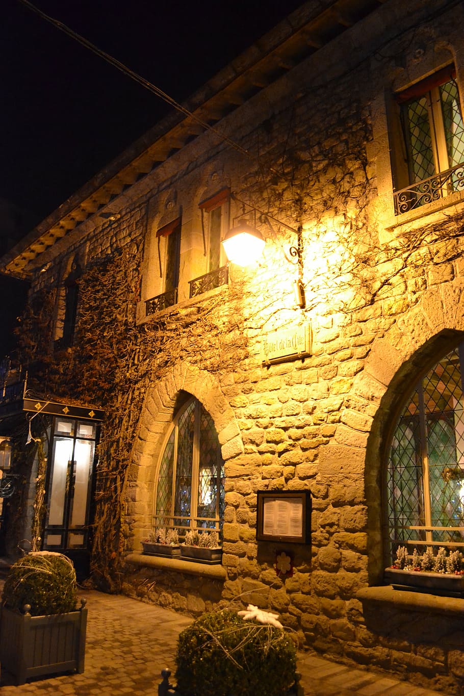 stone house, night, restaurant, medieval house, carcassonne, france, medieval, architecture, street, illuminated