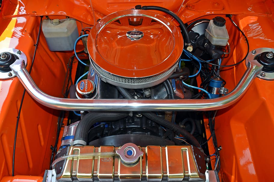 red engine bay, oldtimer, ford, mustang, motor, auto, old, classic, pkw, old car