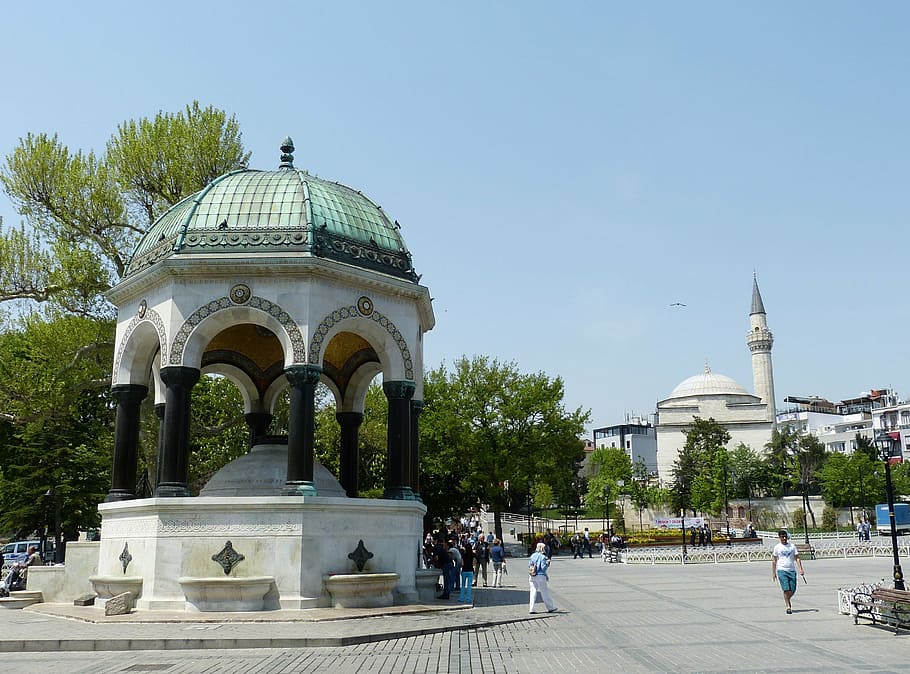 Estambul, Turquía, históricamente, espacio, hippodromplatz, parque, fuente, fuente alemana, mezquita, pilar