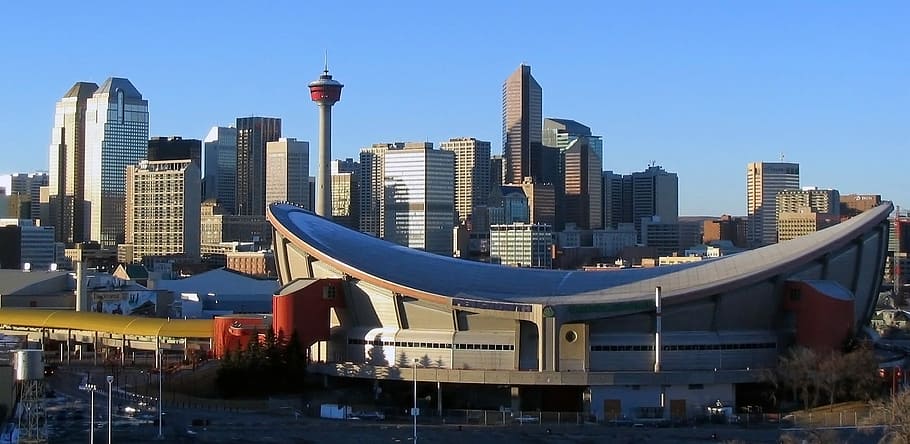towers, calgary, alberta, Saddledome, Skyline, Calgary, Alberta, Canada, arena, building, public domain