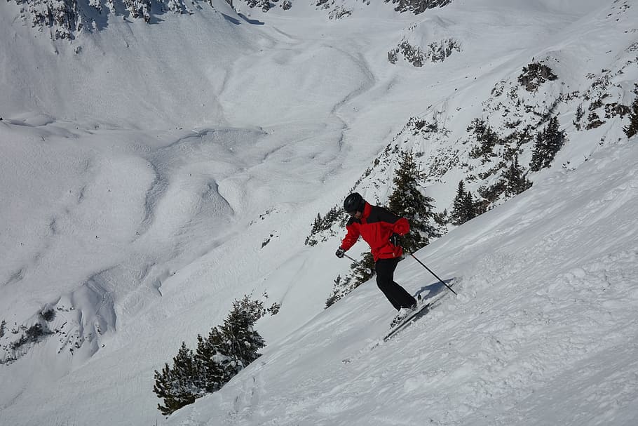 ski, pemain ski, ski backing negara, area ski, Arlberg, musim dingin, gunung, puncak gunung, dingin, landasan pacu