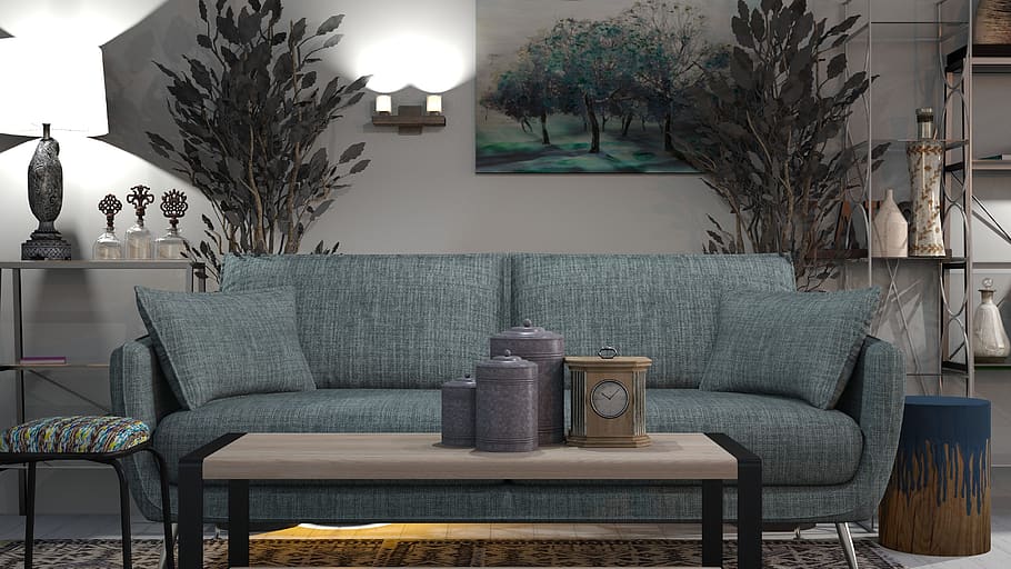 azul, sofá, el interior del, muebles, hogar, iluminación, sesión, escritorio, moderno, arquitectura