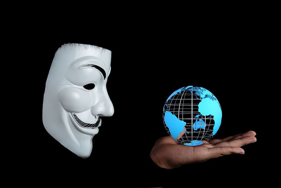 persona, tenencia, modelo de globo, anónimo, mundo, activista, hacktivista, internacional, globo, Foto de estudio