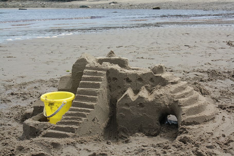 yellow, bucket, sand castle, castle, sand, sea, beach, sandcastle, toy, shovel