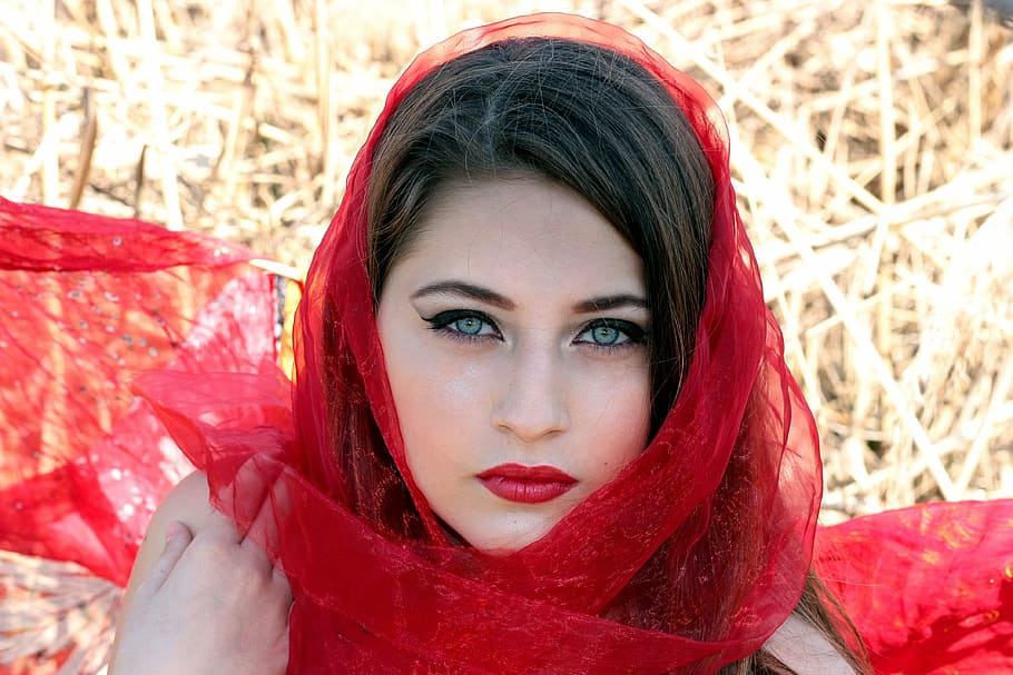 woman, wearing, red, hijab headdress, girl, green eyes, beauty, lipstick, seductive, women