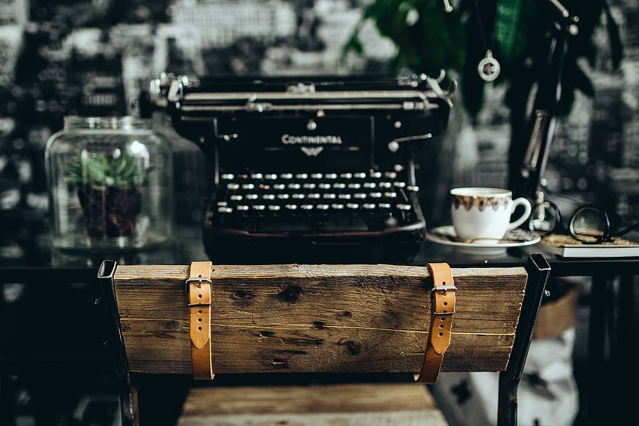 vintage, teclado, máquina de escrever, antigo, retro, escritor, cíclico, Preto, comida e bebida, madeira - material