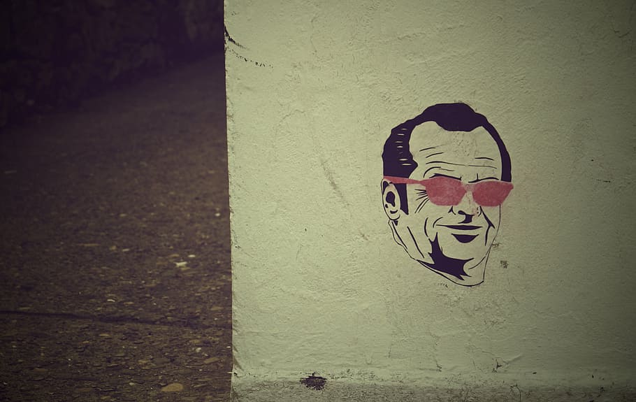manusia, mengenakan, karya seni kacamata, merah muda, kacamata hitam, ilustrasi, Jack Nicholson, grafiti, mural, dinding