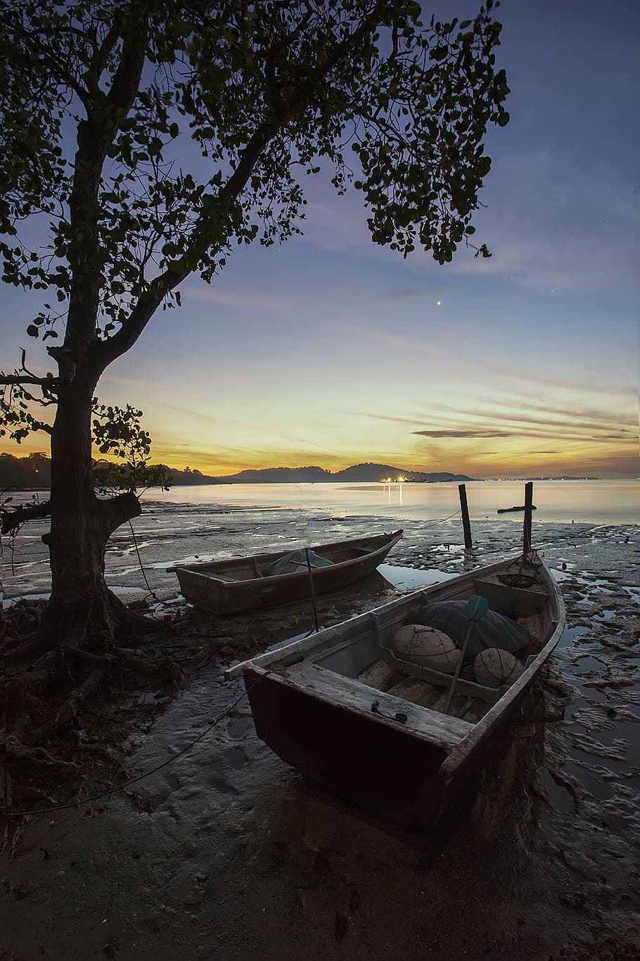boat, wood, trees, mountain, view, sky, clouds, nature, sea, water