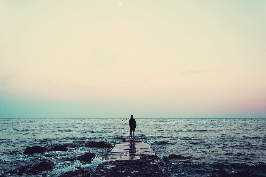 person, standing, dock, body, water, nature, landscape, ocean, sea, beach