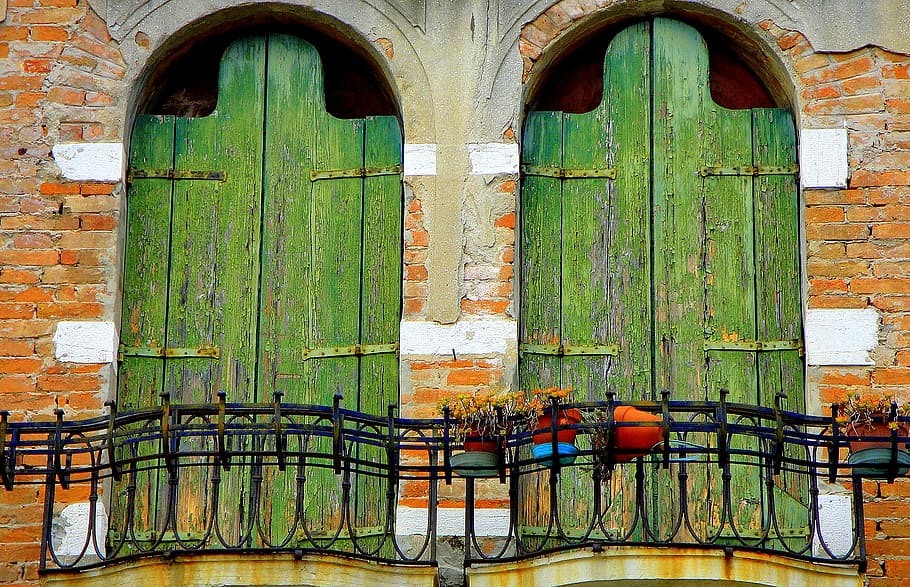 Persianas, verde, ventana, arquitectura, casa, antiguo, pared, exterior, edificio, fachada