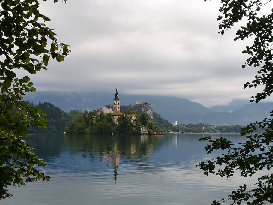 lake, church, castle, bled, slovenia, tree, water, sky, plant, religion