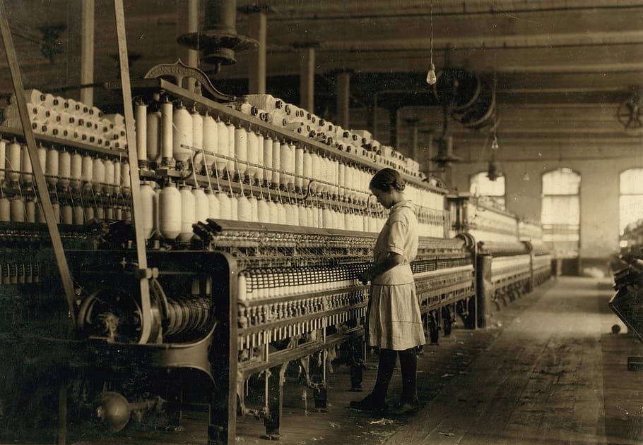woman, standing, front, industrial, machine, vintage, child labor, textile, textile mill, spindle