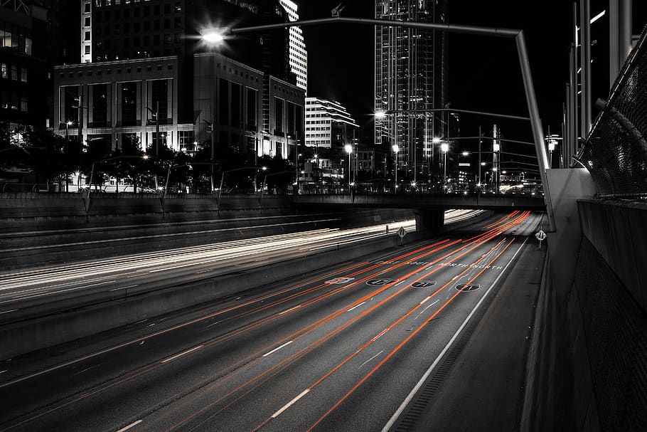 street, urban, bridge, cars, lights, black and white, buildings, architecture, structure, infrastructure