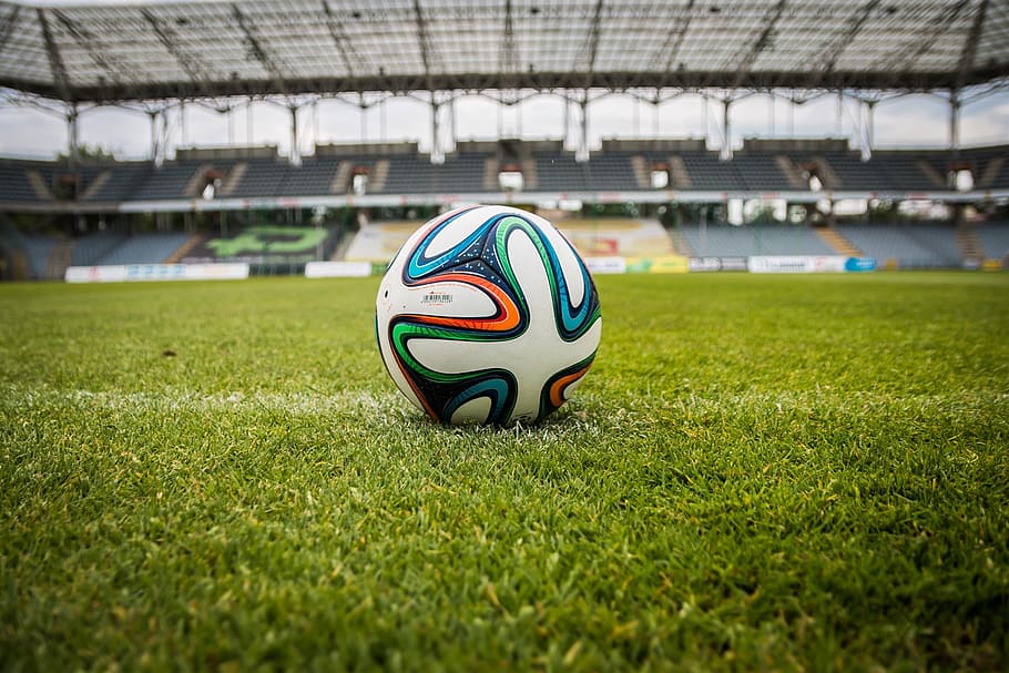 white, orange, green, soccer ball, grass field, the ball, stadion, football, the pitch, grass