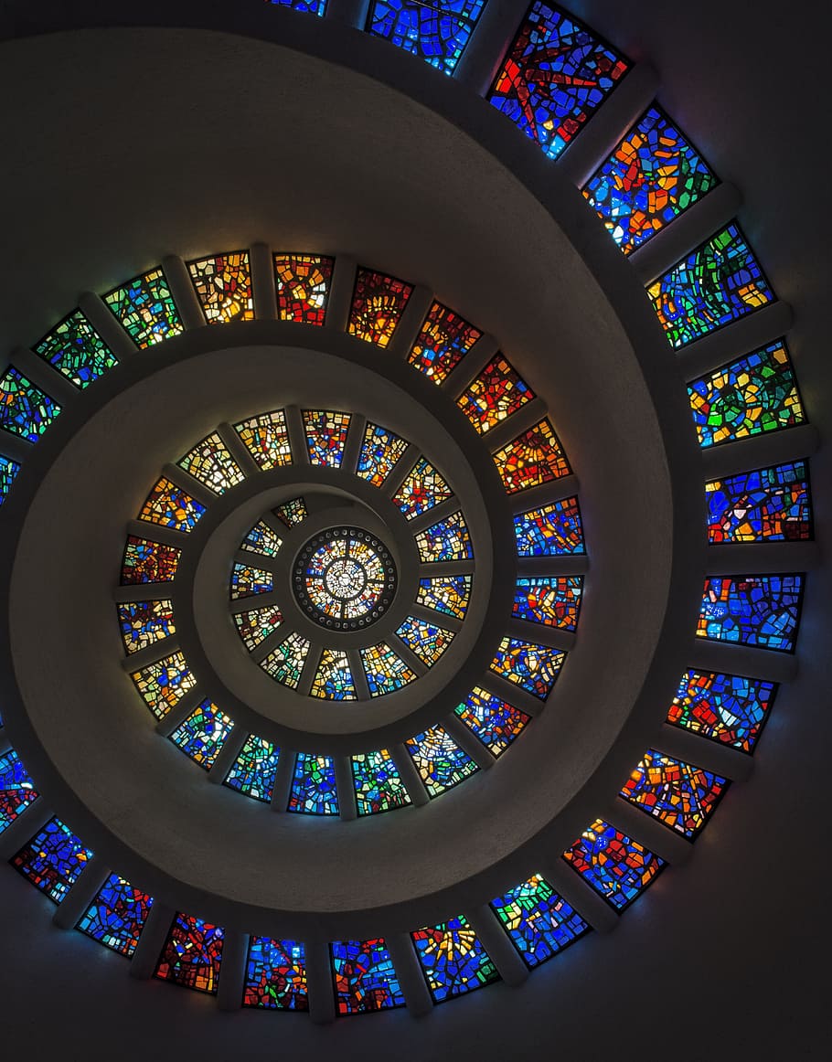 bottom-view, spiral ceiling, stain glass windows, spiral, mosaic, art glass, roof, stained glass, window, design