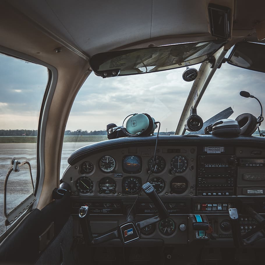 cockpit, piper, aircraft, aviation, instruments, headset, headphones, mood, moody, propeller plane