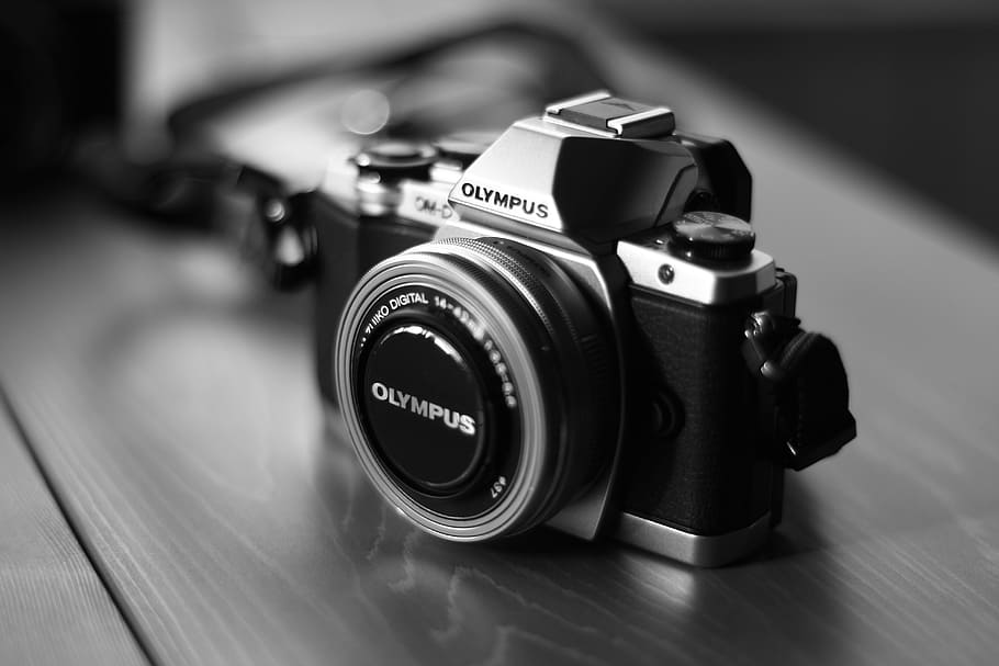 black, gray, olympus milc camera, brown, surface, camera, olympus, digital camera, black and white, photography themes