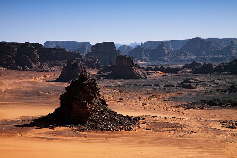 rock, surrounded, sand, travel, nature, sky, stone, landscape, desert, tourism