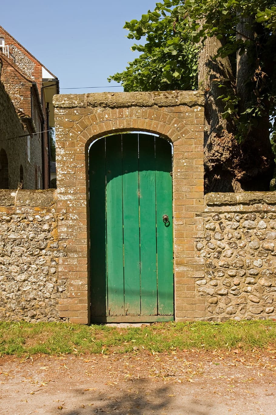 Porta, velho, madeira, de madeira, pedra, verde, parede, zona rural, rural, ao ar livre