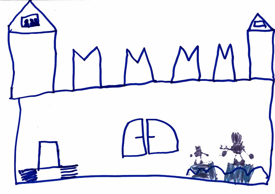 castle, children drawing, knight's castle, tower, wall, fortress, towers, communication, representation, human representation