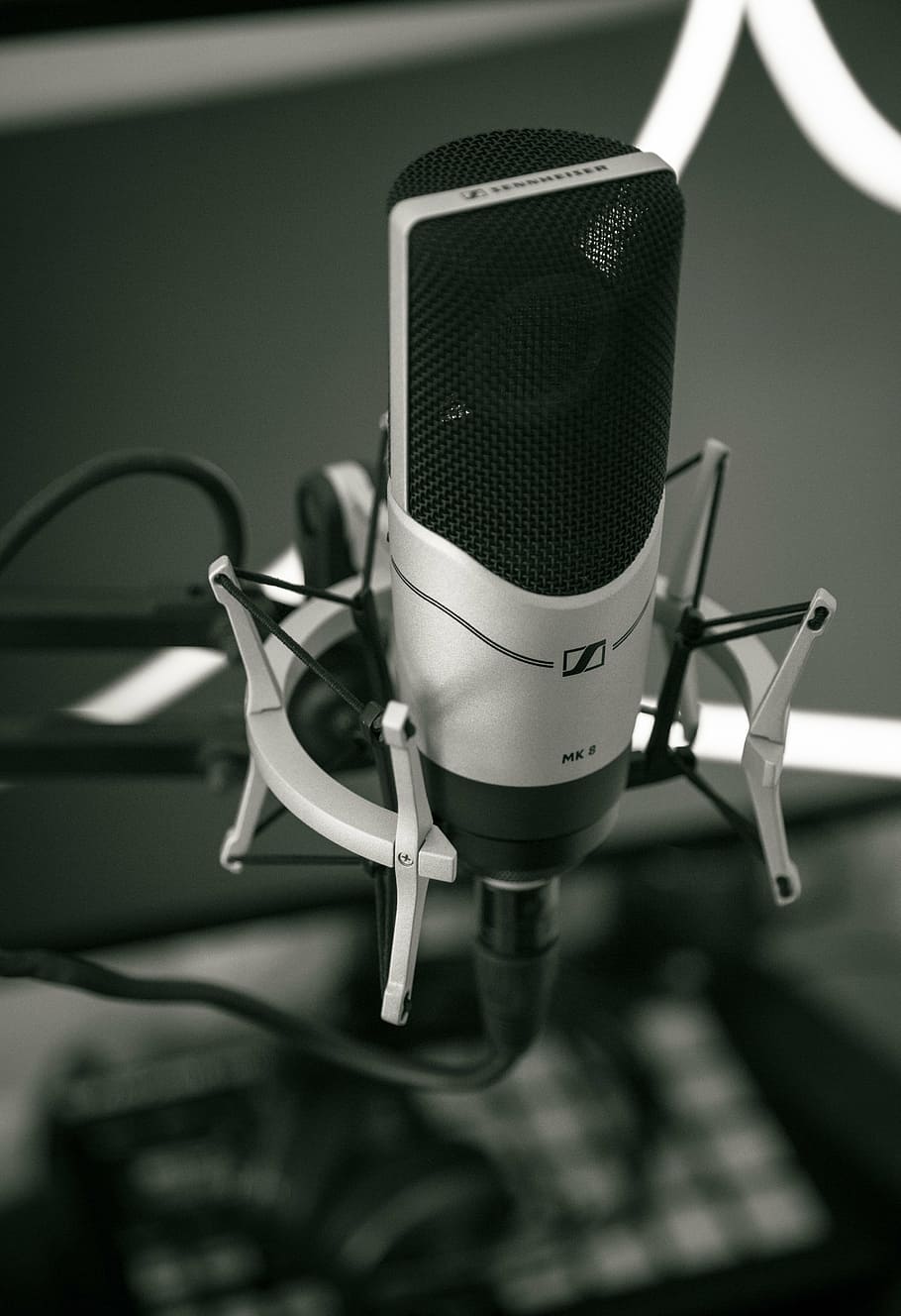 selective, focus photography, condenser microphone, black, white, microphone, filter, music, black and white, studio