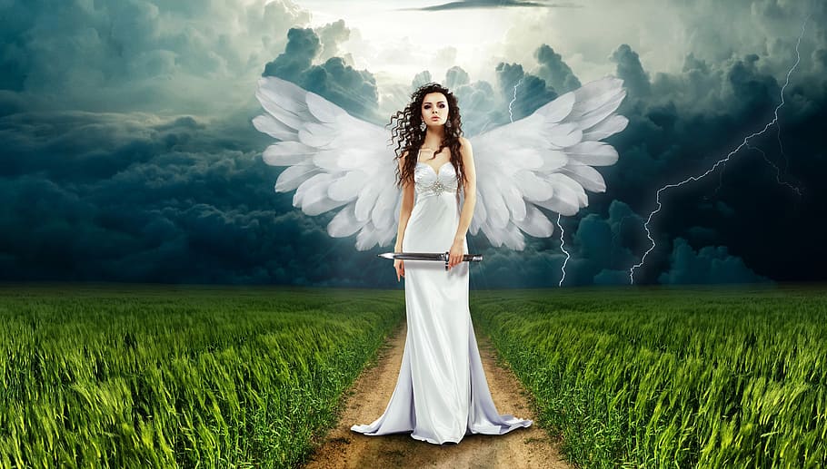 white, wings, knife, Female, Angel, white wings, angelic, clouds, photos, grass