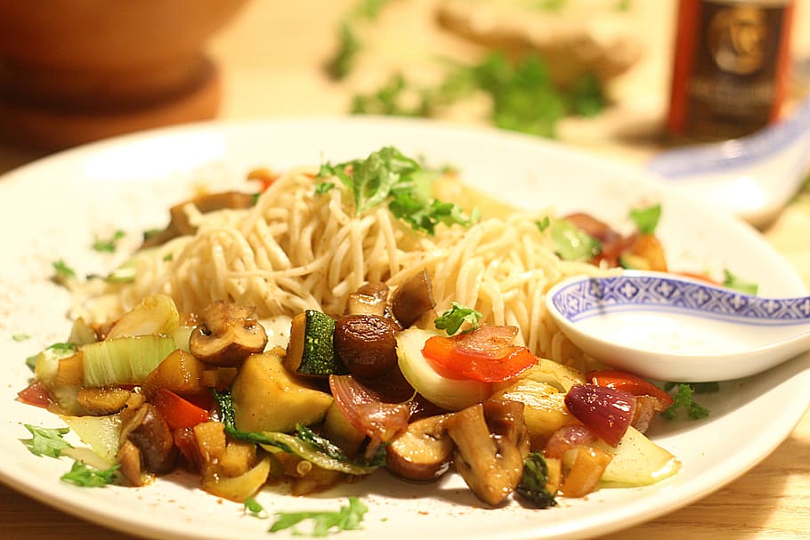prato de macarrão, prato, macarrão, Ásia, legumes, comer, chinês, cozinhar, fritar, prato wok