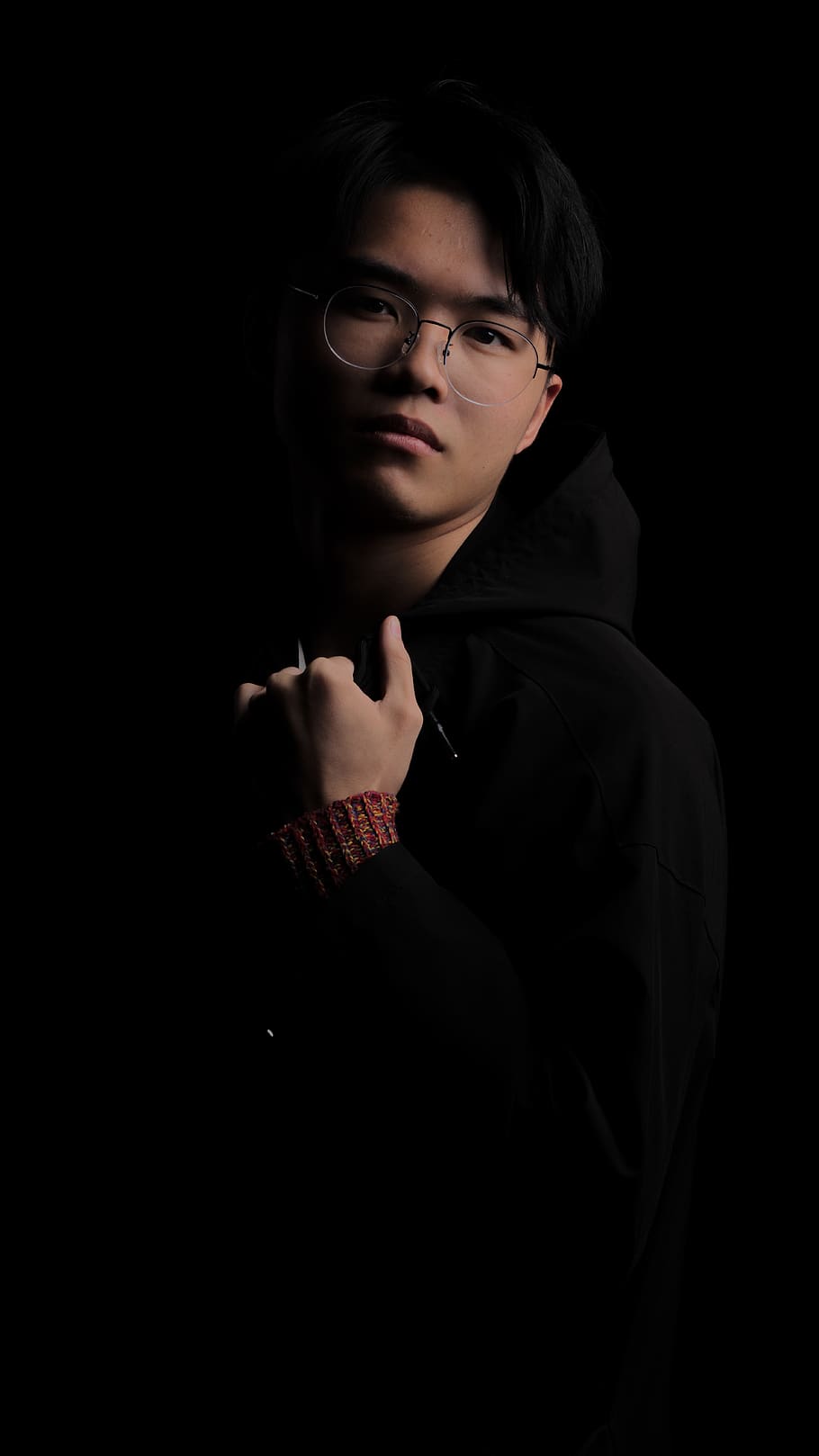 asia, man, portrait, winter, black, shadow, black background, one person, studio shot, young adult
