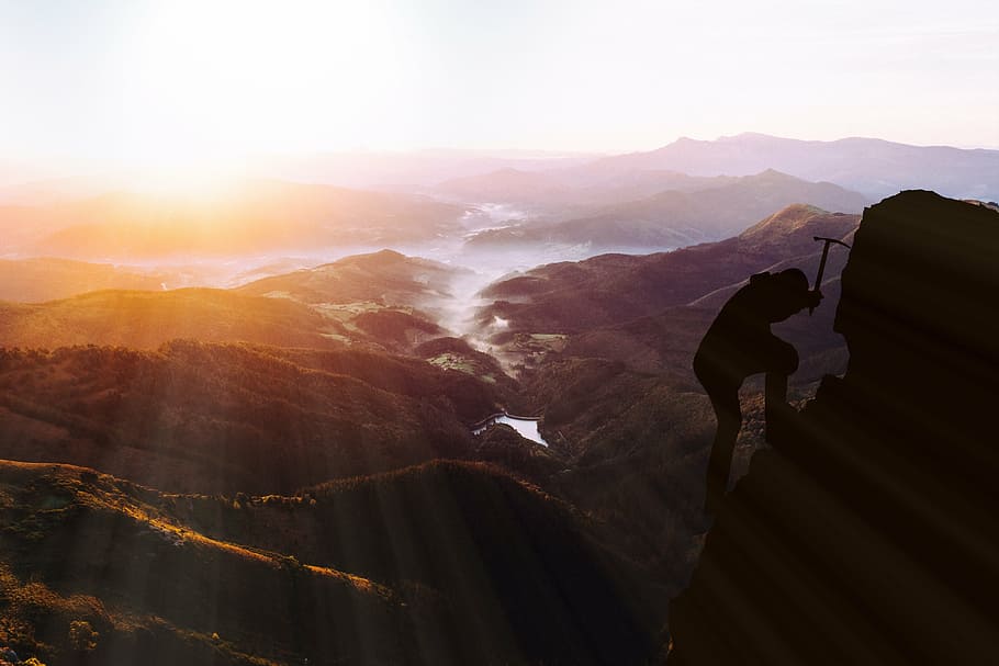 silhouette photo, person, climbing, hill, sunset, climbing to the top, climb, success, mountaineering, mountain