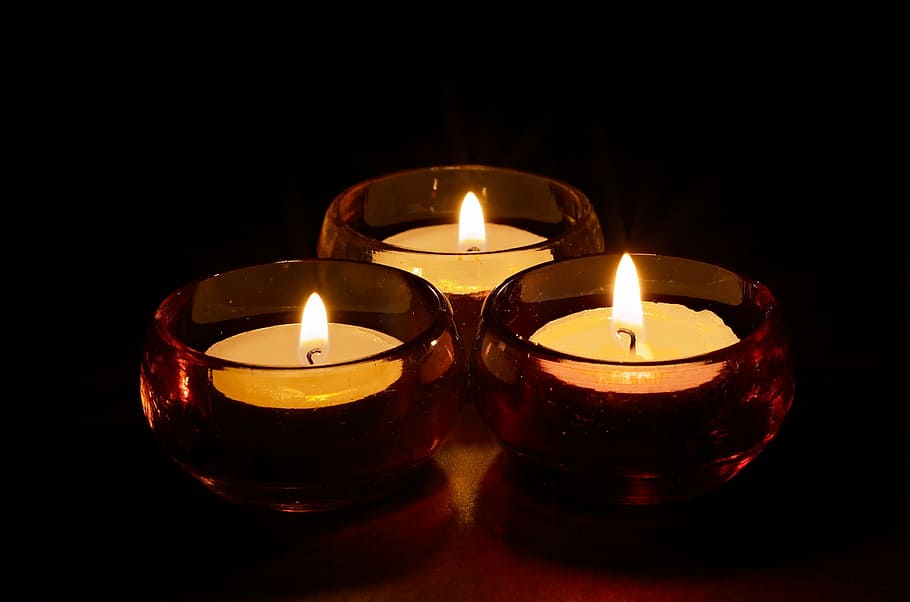 three lighted tealights, three, tealight, candles, dark, room, glass, candle, fire, night