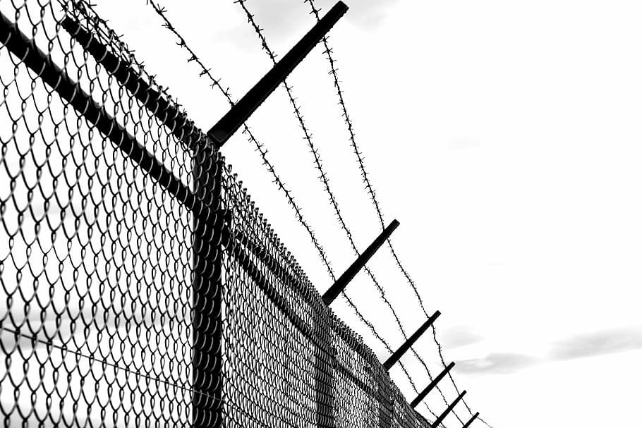 cyclone wire fence, barb wire, fence, old, verrostst, wire, imprisoned, caution, moments, spur