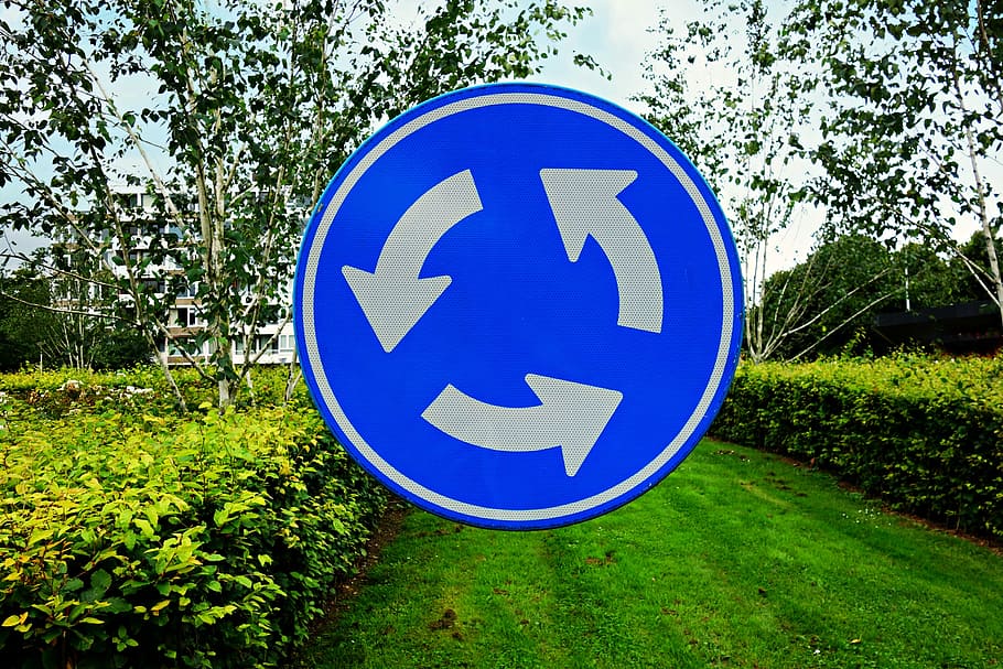 roundabout, traffic sign, arrow, round, direction, symbol, roundabout traffic sign, holland, plant, blue