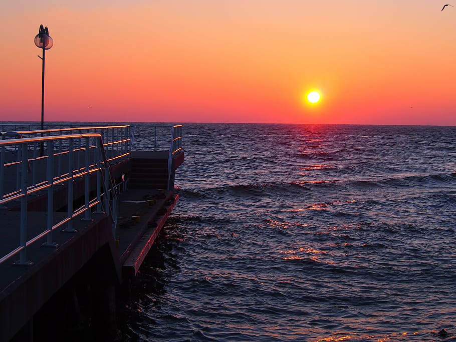 sunset, water, blue, sea, waves, golden, hour, sunrise, morning, ocean
